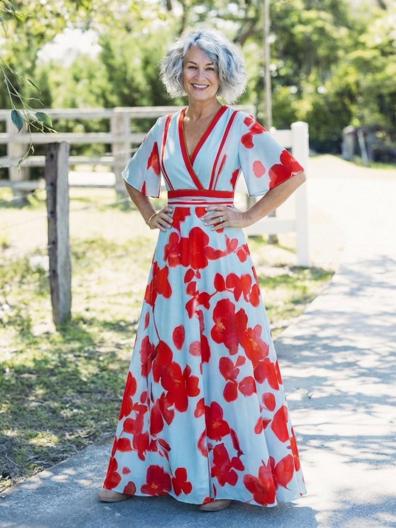 Corinne | Vestido Maxi de Flores con Cuello en V y Mangas Cortas