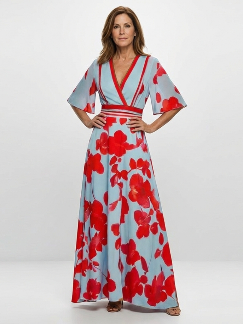 Corinne | Vestido Maxi de Flores con Cuello en V y Mangas Cortas