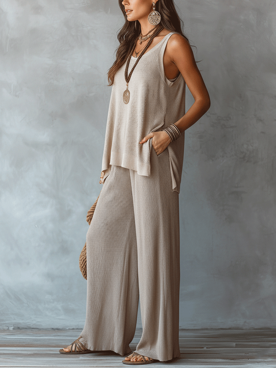 Conjunto de Top Sin Mangas Texturizado Boho y Pantalones Anchos