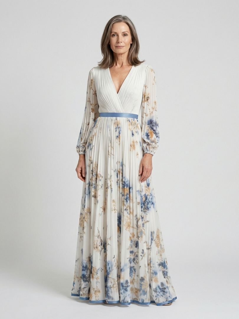 Lavinia | Vestido Maxi de Flores con Manga Larga y Escote en V