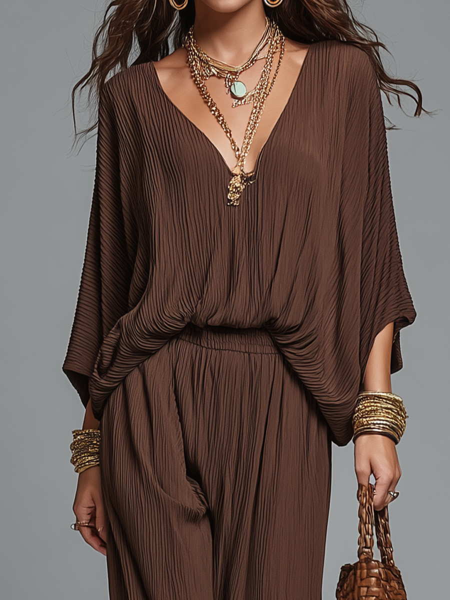 Conjunto Co-ord de Manga Batwing y Pantalones Harem con Textura de Espresso Cálido