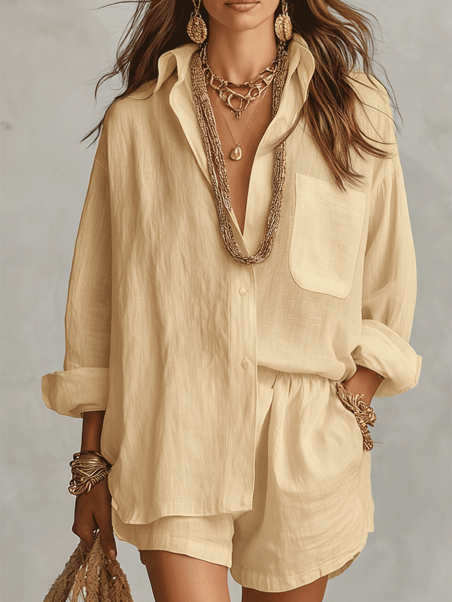 Camisa Bohemia Oversized Con Pantalones Cortos Cómodos