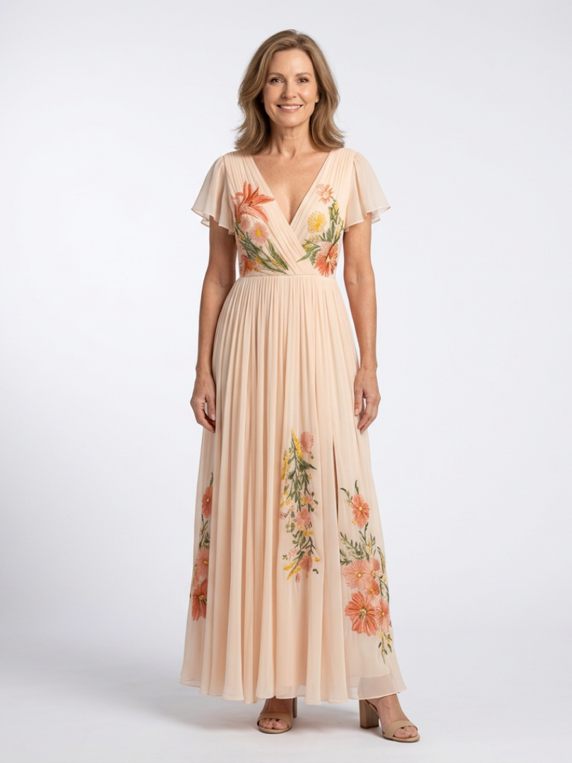 Calista | Vestido Maxi de Flores con Cuello en V y Mangas Cortas