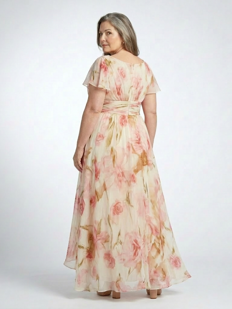 Elara | Vestido Maxi Floral de Manga Corta con Escote en V