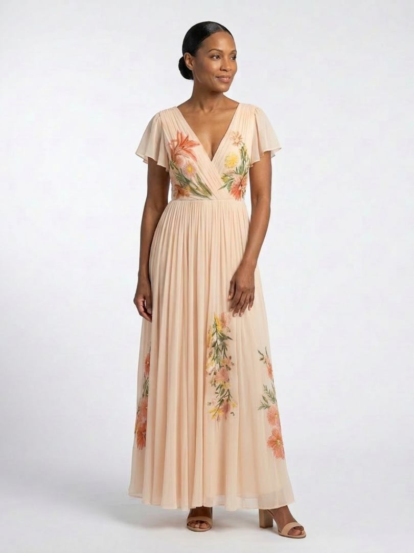 Calista | Vestido Maxi Floral Plisado de Manga Corta con Escote en V