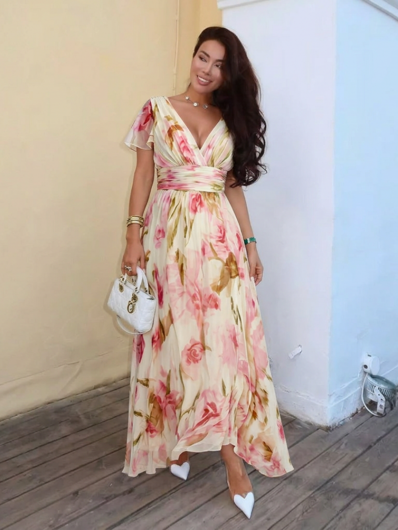 Elara | Vestido Maxi de Flores con Escote en V y Manga Corta