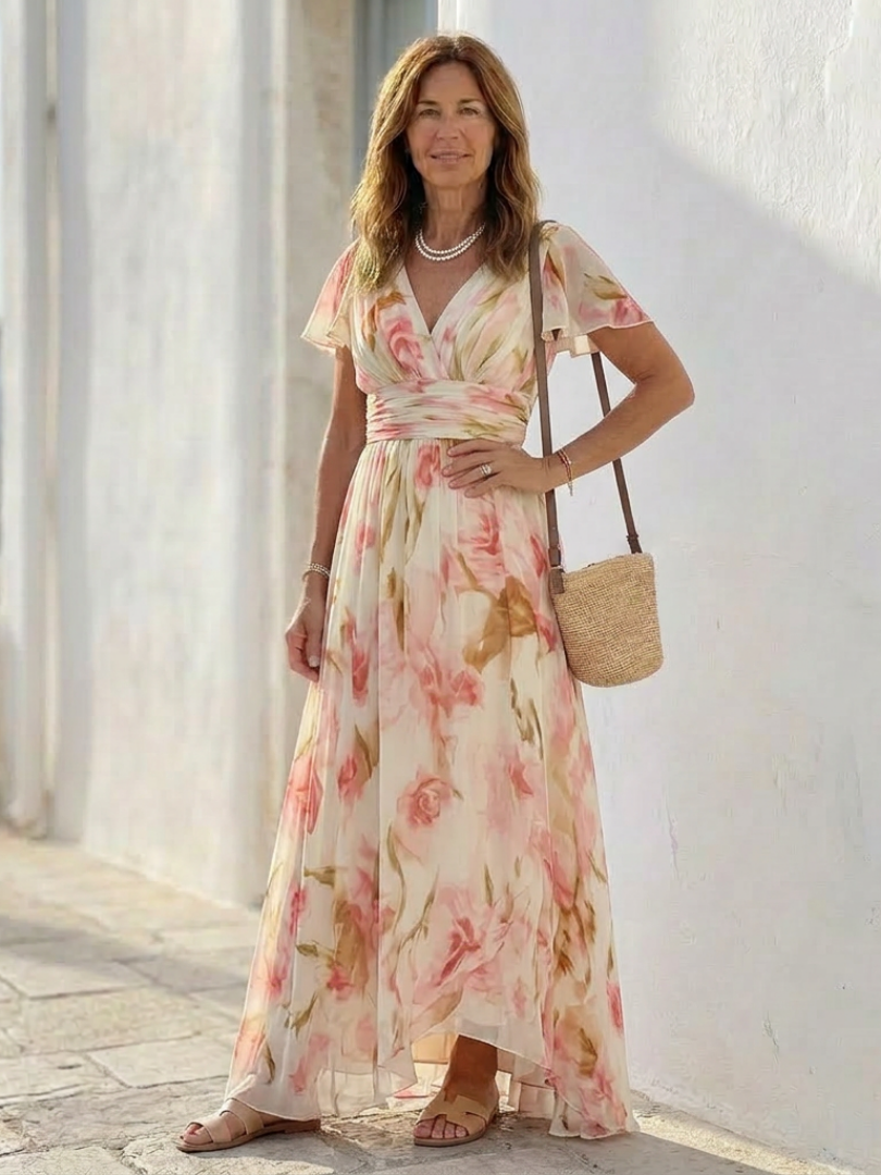 Elara | Vestido Maxi Floral de Manga Corta con Escote en V