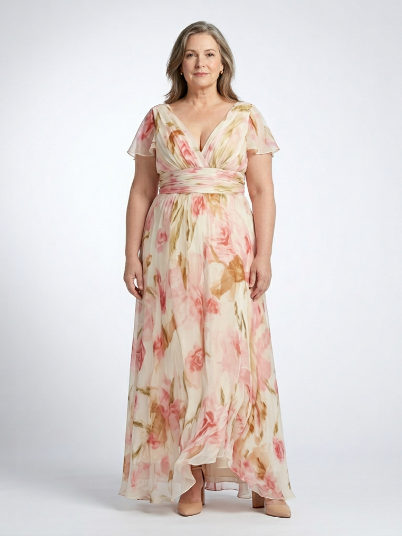 Elara | Vestido Maxi Floral de Manga Corta con Escote en V