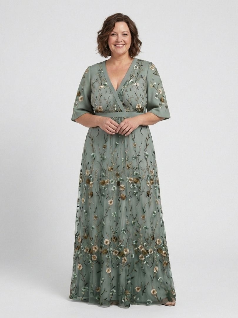 Evadne | Vestido Maxi de Manga Corta con Escote en V