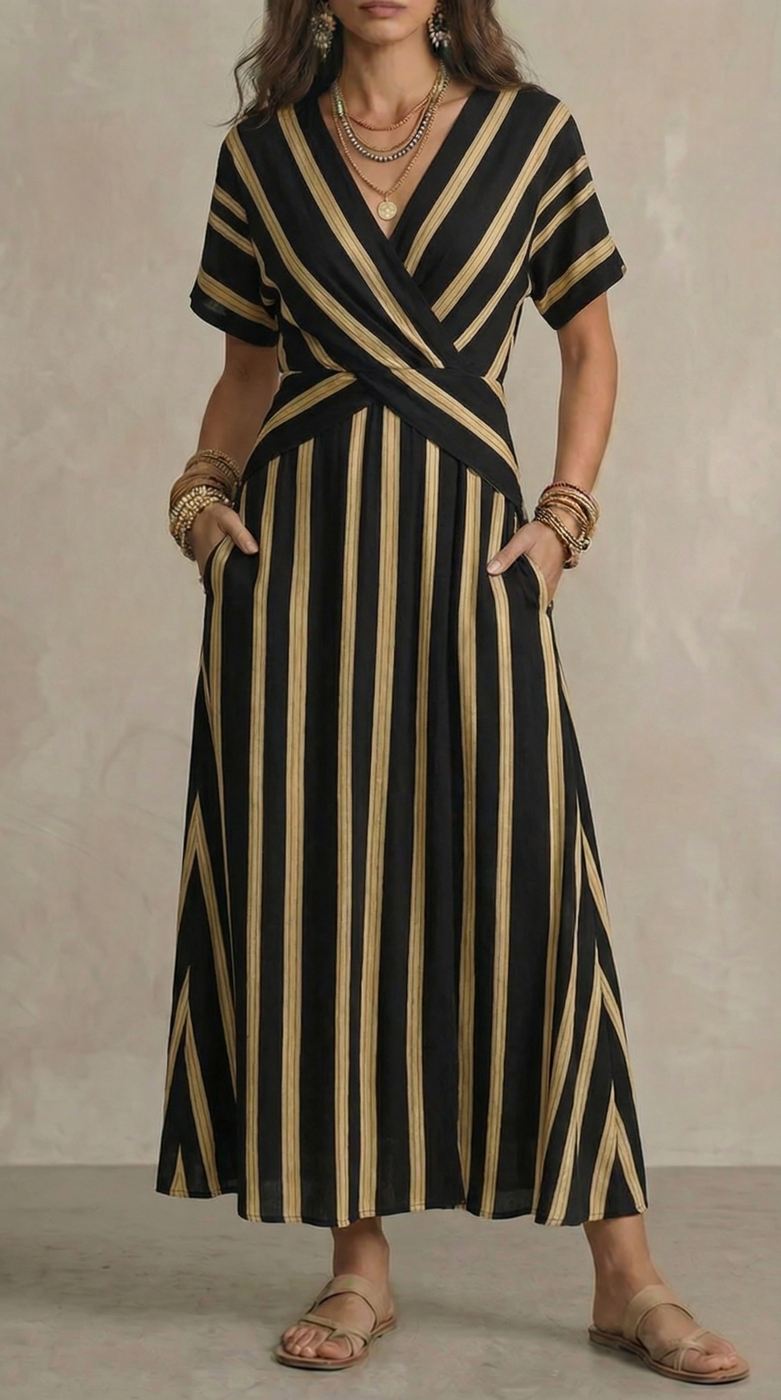 Lina | Vestido midi a rayas con mangas cortas y escote en V