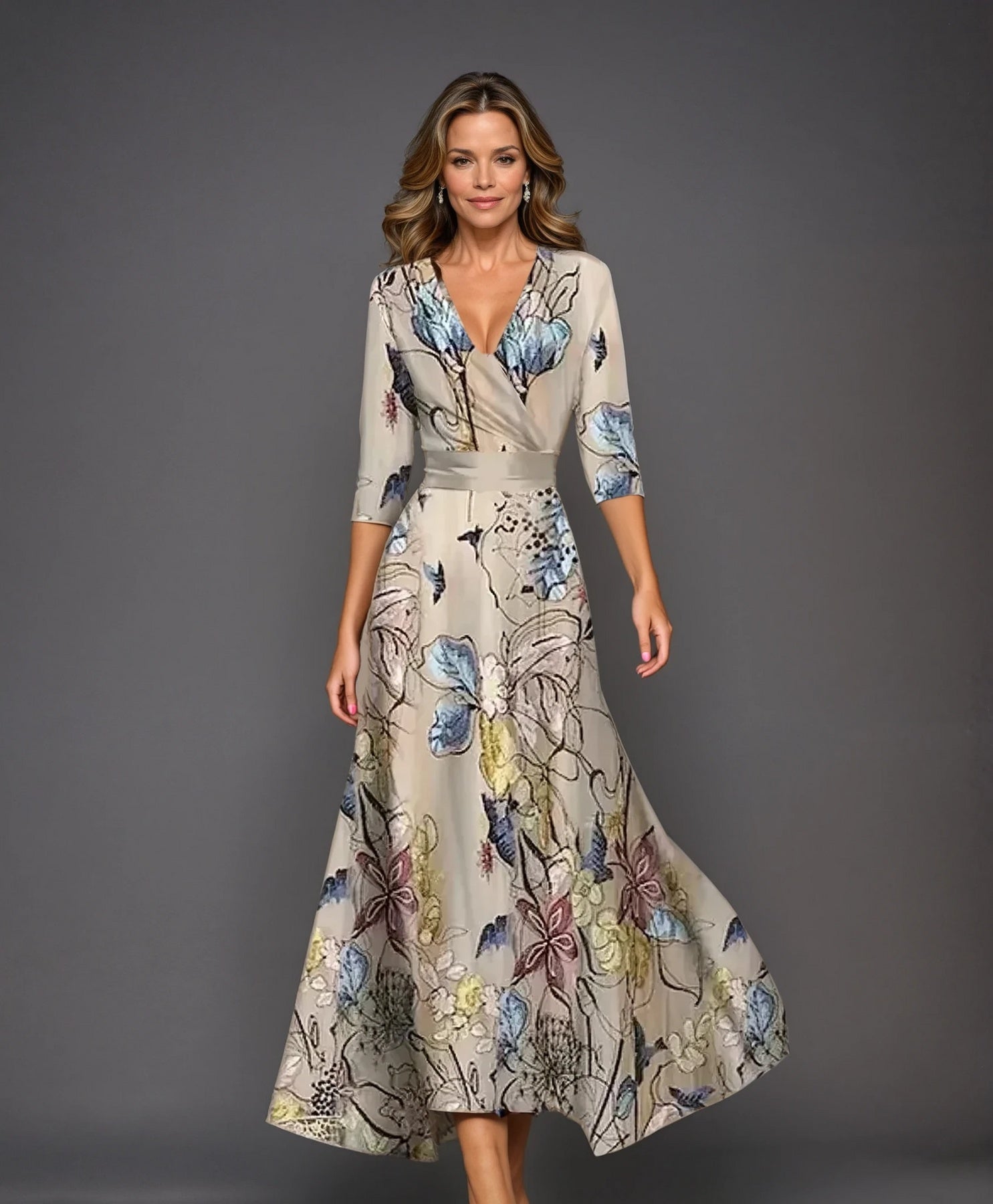 Margaret | Vestido Maxi Envolvente Floral de Manga Tres Cuartos