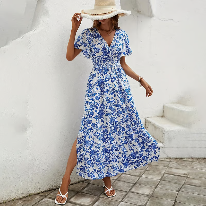 Bea - Vestido de Playa Azul Bohemio con Escote en V