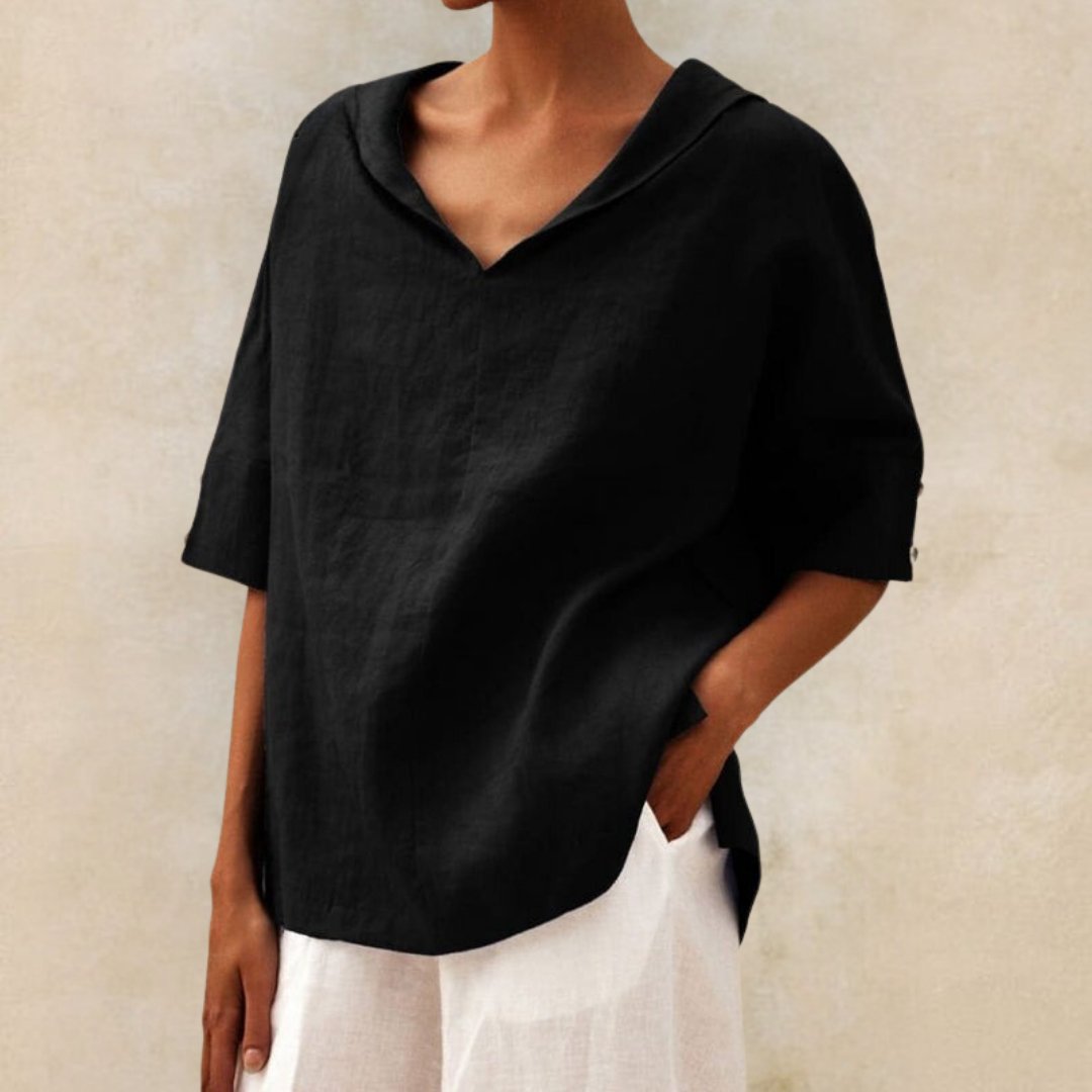 YLVIE CLÁSICA BLUSA DE LINO CON ESCOTE EN V
