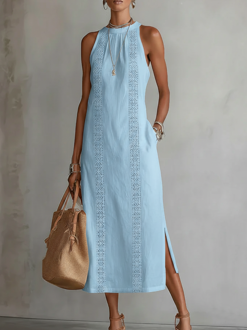 Ruth | Vestido Maxi Estilo Lino con Cuello Mao