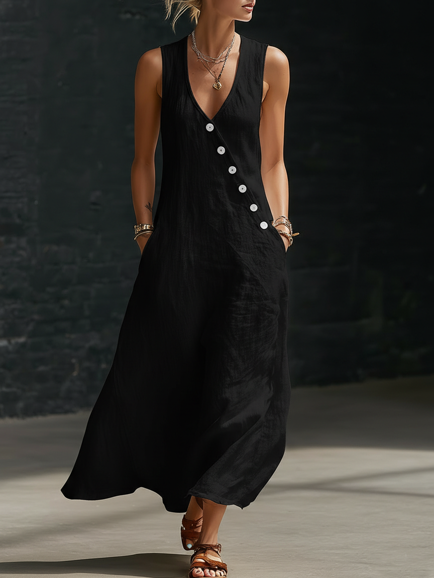 Graziella™ – Vestido Maxi con Botones y Escote en V