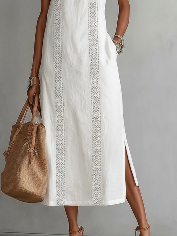 Ruth | Vestido Maxi Estilo Lino con Cuello Mao