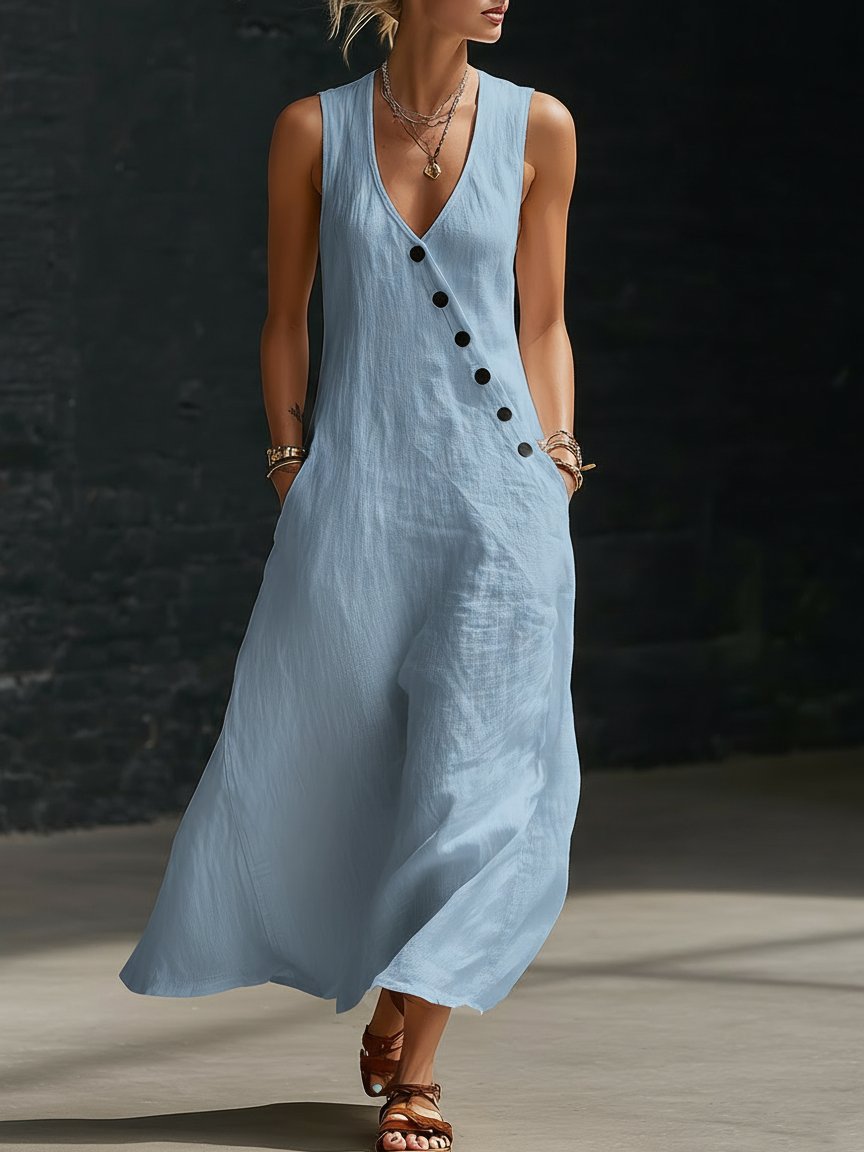 Graziella™ – Vestido Maxi con Botones y Escote en V