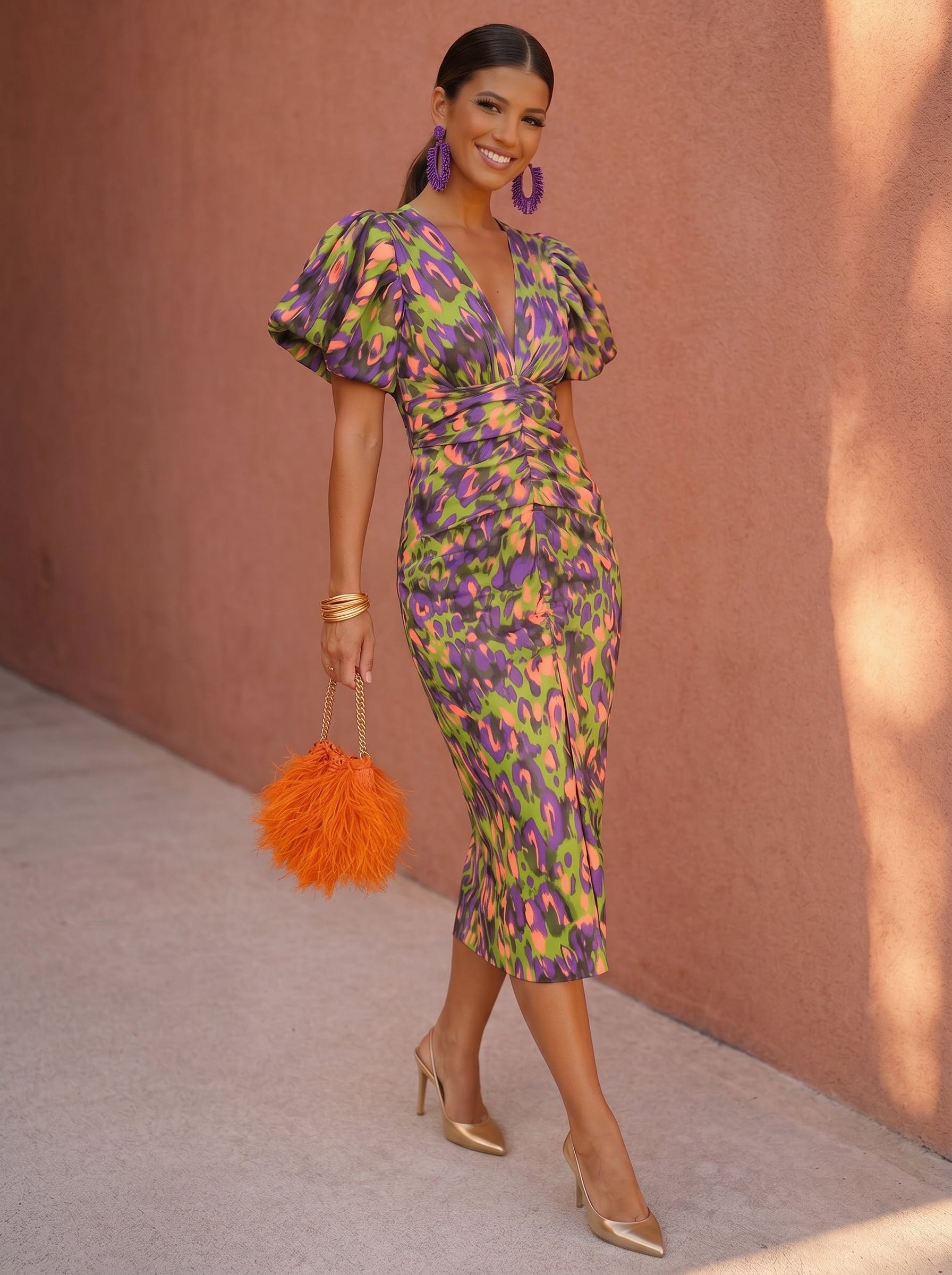 Carla | Vestido Midi Estampado con Mangas Abullonadas