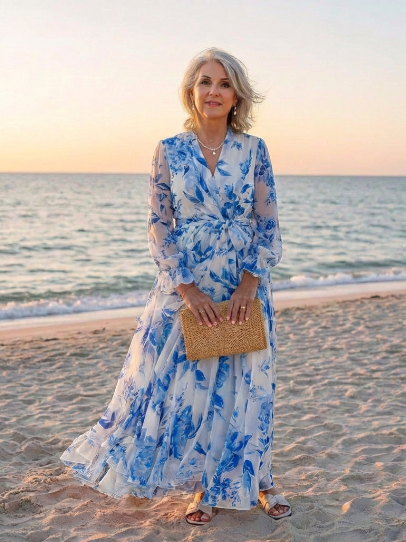 Lillian | Vestido Maxi Envolvente de Manga Larga Floral