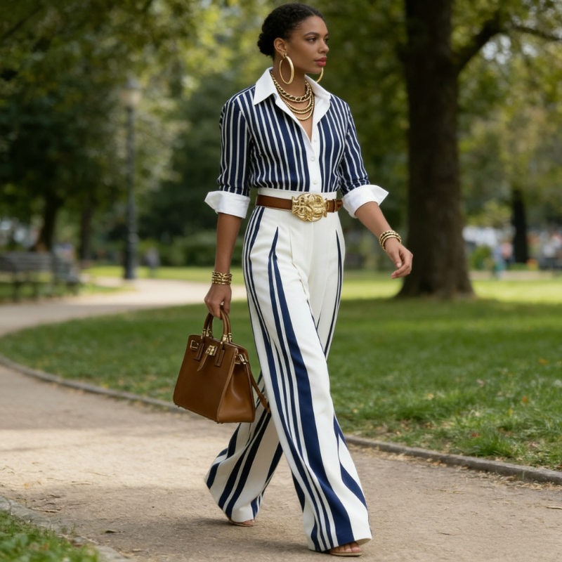 Elena | Conjunto con camisa de rayas y pantalón ancho