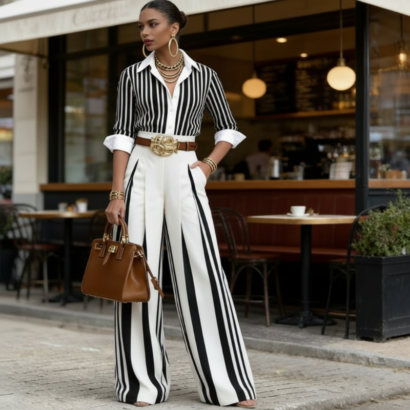 Elena | Conjunto con camisa de rayas y pantalón ancho