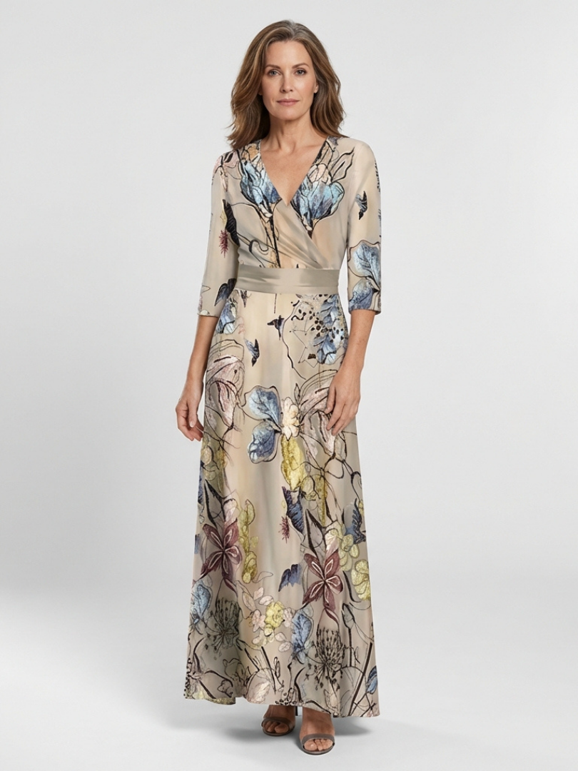 Margaret | Vestido Maxi Envolvente Floral de Manga Tres Cuartos