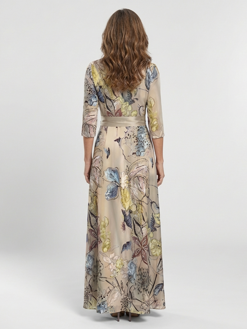 Margaret | Vestido Maxi Envolvente Floral de Manga Tres Cuartos