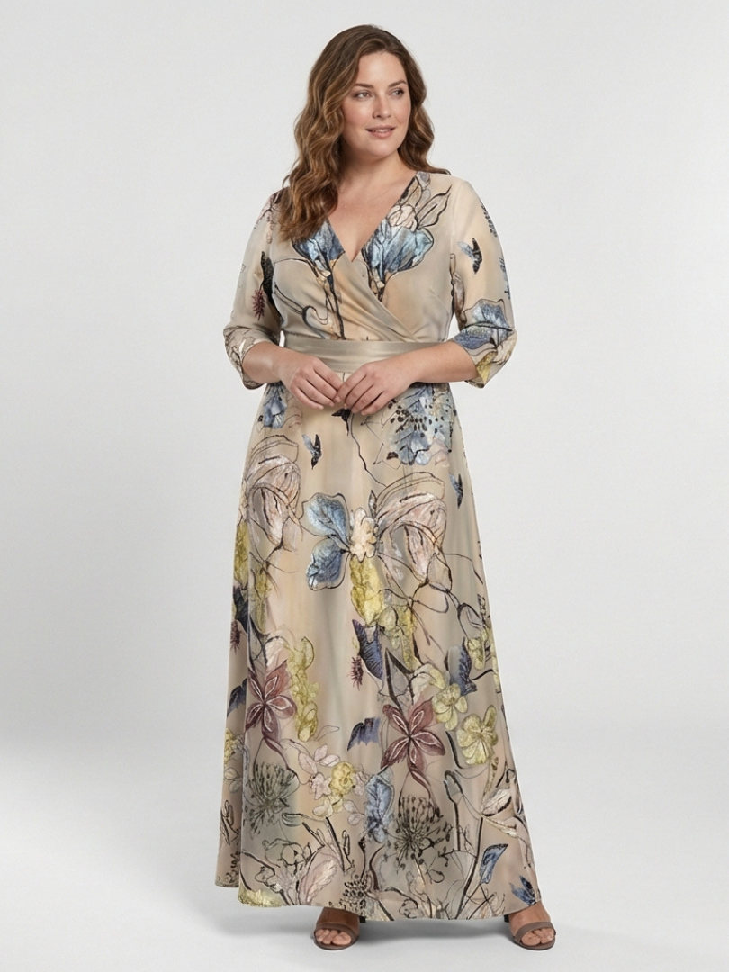 Margaret | Vestido Maxi Envolvente Floral de Manga Tres Cuartos