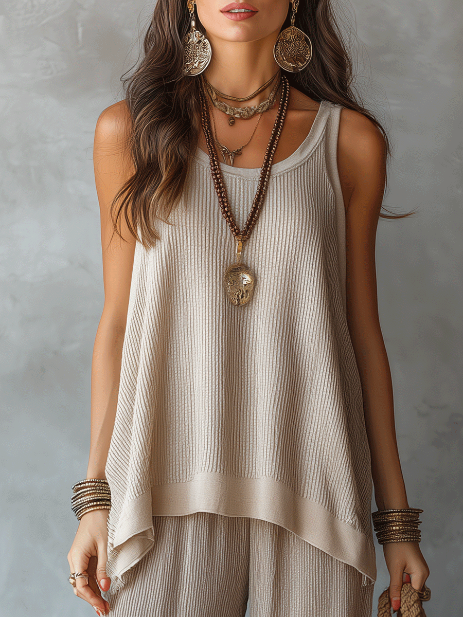 Conjunto de Top Sin Mangas Texturizado Boho Sin Esfuerzo y Pantalones Anchos
