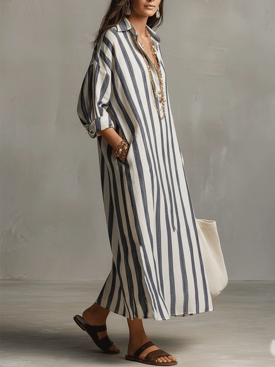 Vestido Maxi Estilo Bohemio de Camisa a Rayas Casual