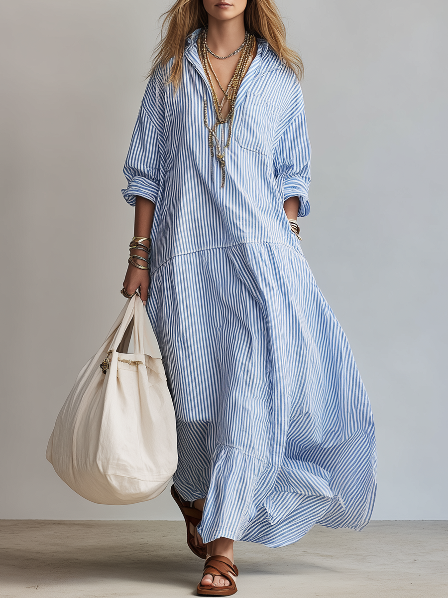 Vestido Maxi Camisa Relajado a Rayas Azules