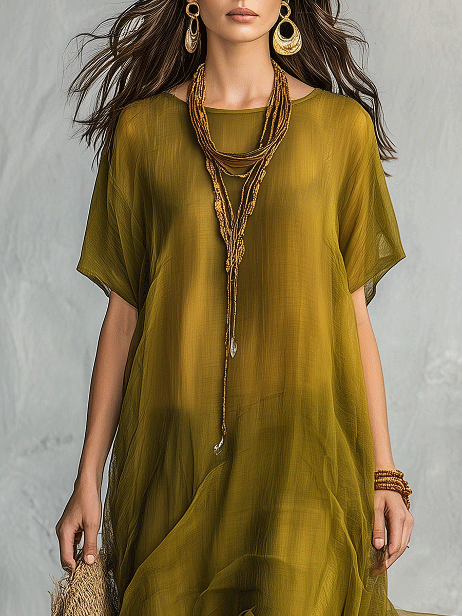 Vestido Maxi Bohemio Verde Oliva con Silueta Drapada