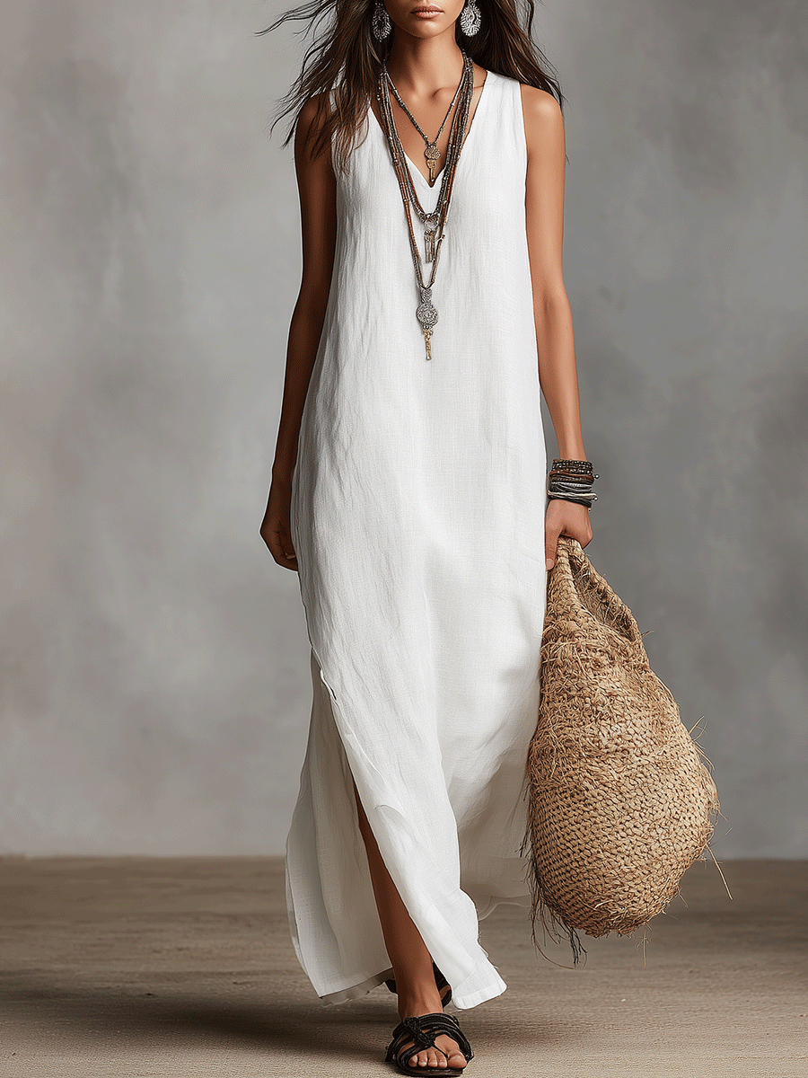Vestido Maxi Sin Mangas Blanco Chic con Escote en V