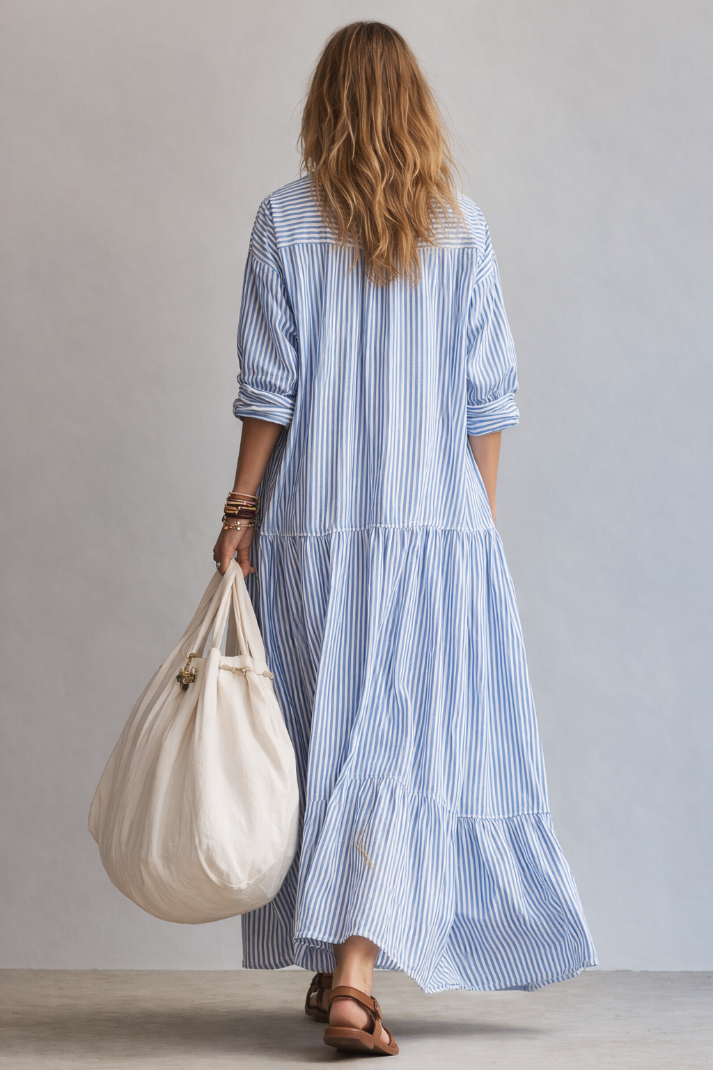 Vestido Maxi Camisero Relajado a Rayas Azules