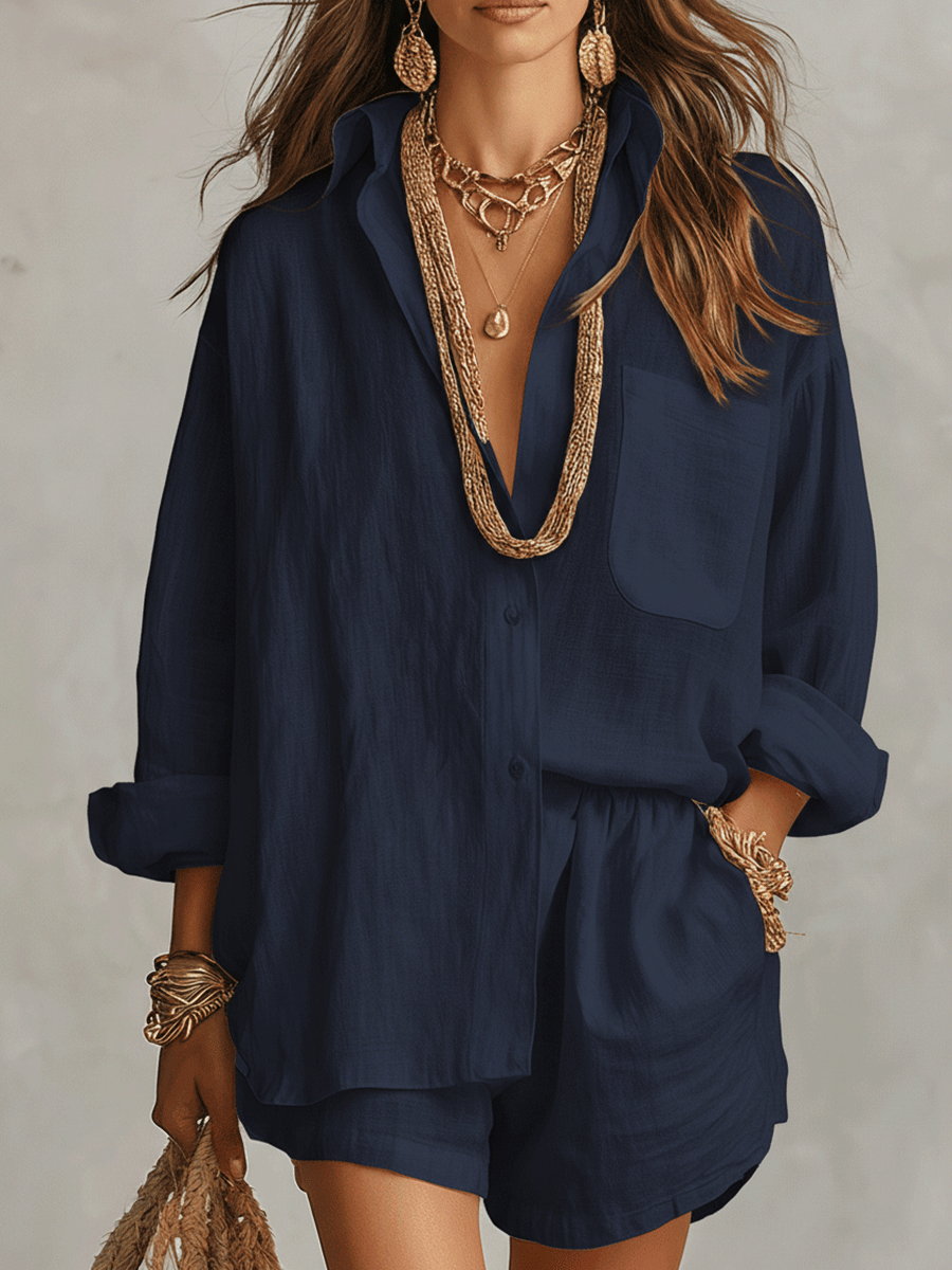 Camisa Bohemia Oversized Con Pantalones Cortos Cómodos