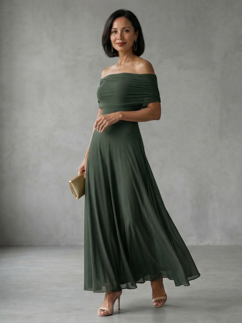 Juni | Vestido Midi Drapado con Hombros Descubiertos