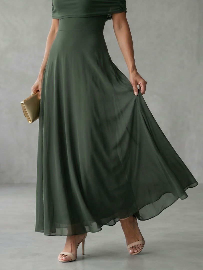 Juni | Vestido Midi Drapado con Hombros Descubiertos