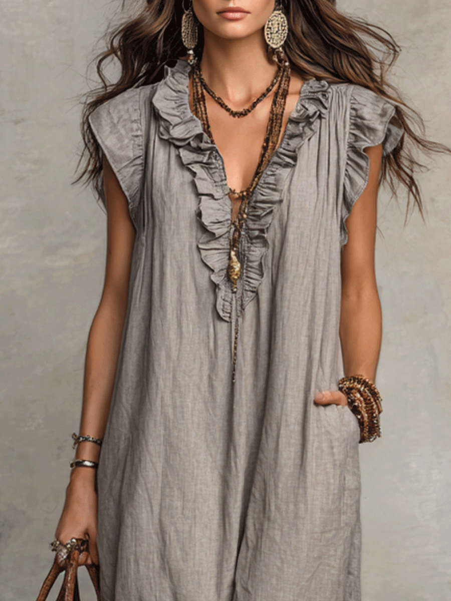 Vestido Maxi Fluido Sin Mangas Bohemio con Escote en V Fruncido