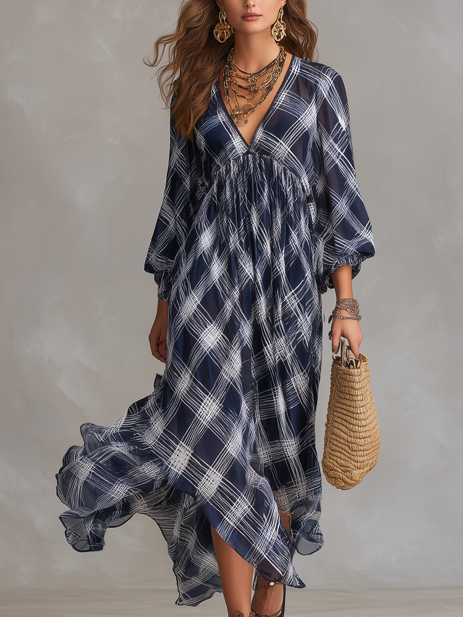 Vestido Maxi Fluido a Rayas en Azul Marino de Estilo Francés