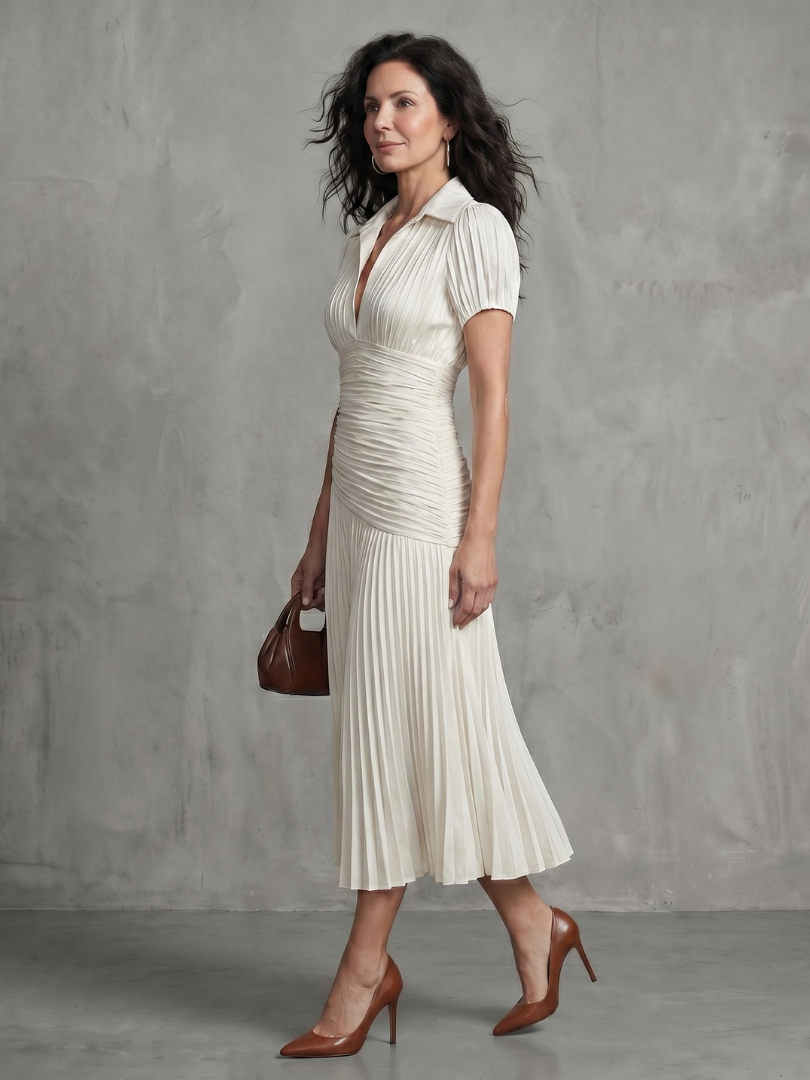 Theodora | Vestido Midi con Plisado y Rayas en la Cintura
