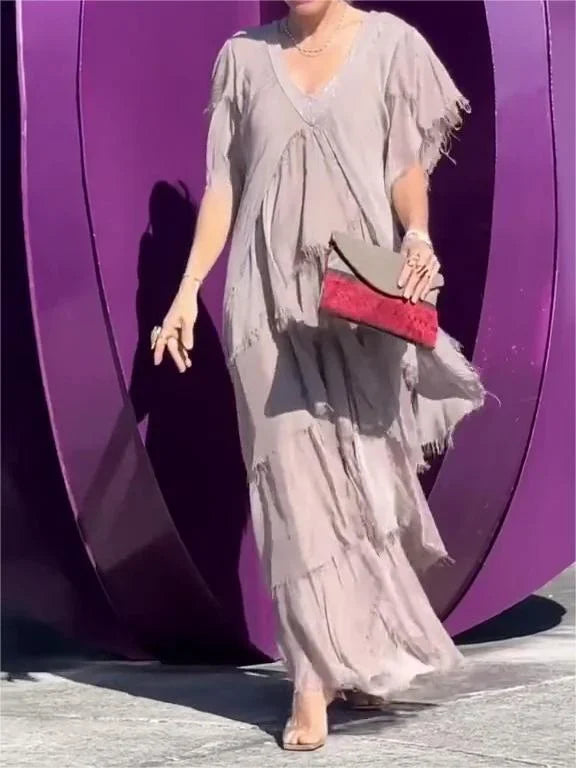 Blaise - Vestido Maxi de Cuello en V con Mangas Cortas Voladas
