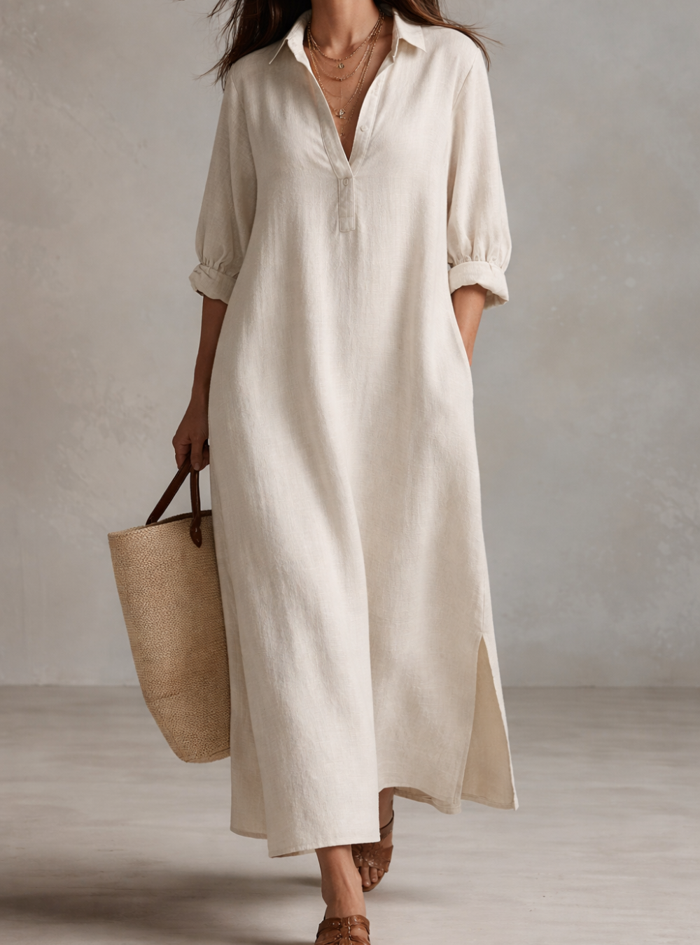 Vestido Camisero Maxi Ligero Vintage en Crema Natural