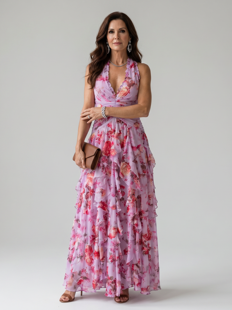 Nori | Vestido Maxi de Flores con Escote Halter y Cuerpo Fruncido