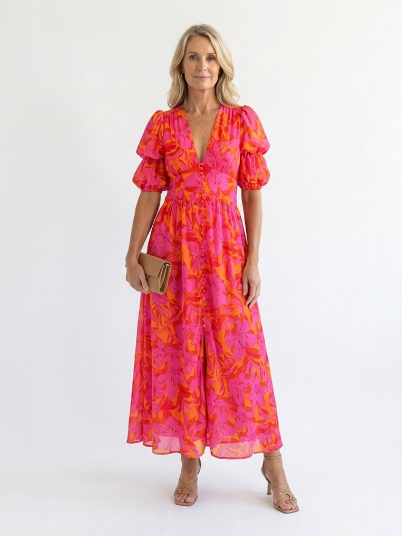 Sauce | Vestido Midi con Escote en V y Mangas Abullonadas