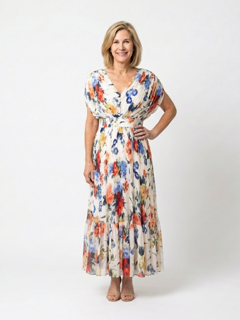 Savannah | Vestido Midi de Flores con Mangas Cortas y Pliegues