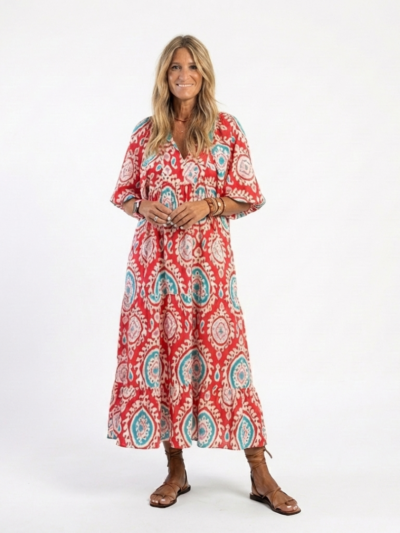 Zaria | Vestido midi de manga corta con escote en V y estampado de paisley