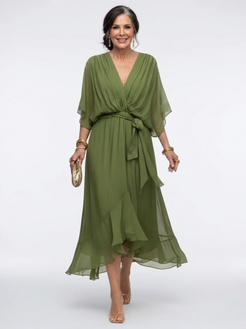 Elysia | Vestido Midi con Escote en V y Cintura con Cinta