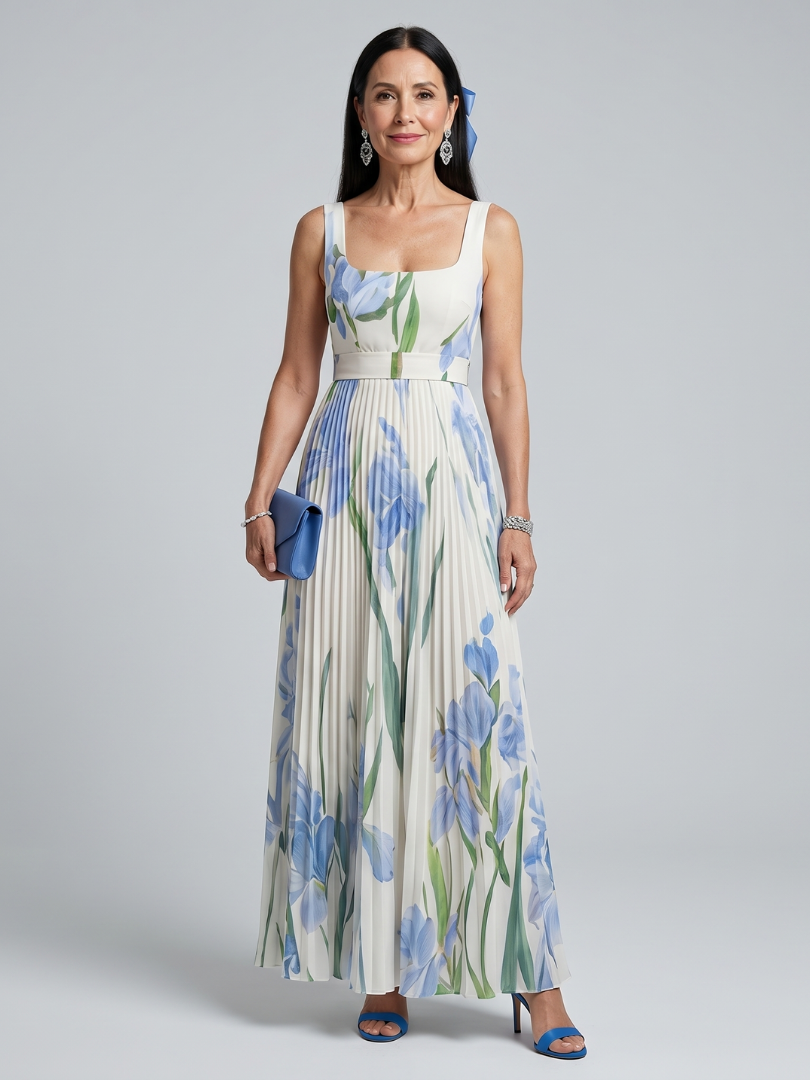 Ophelia | Vestido Midi Sin Mangas con Escote Cuadrado y Estampado Floral