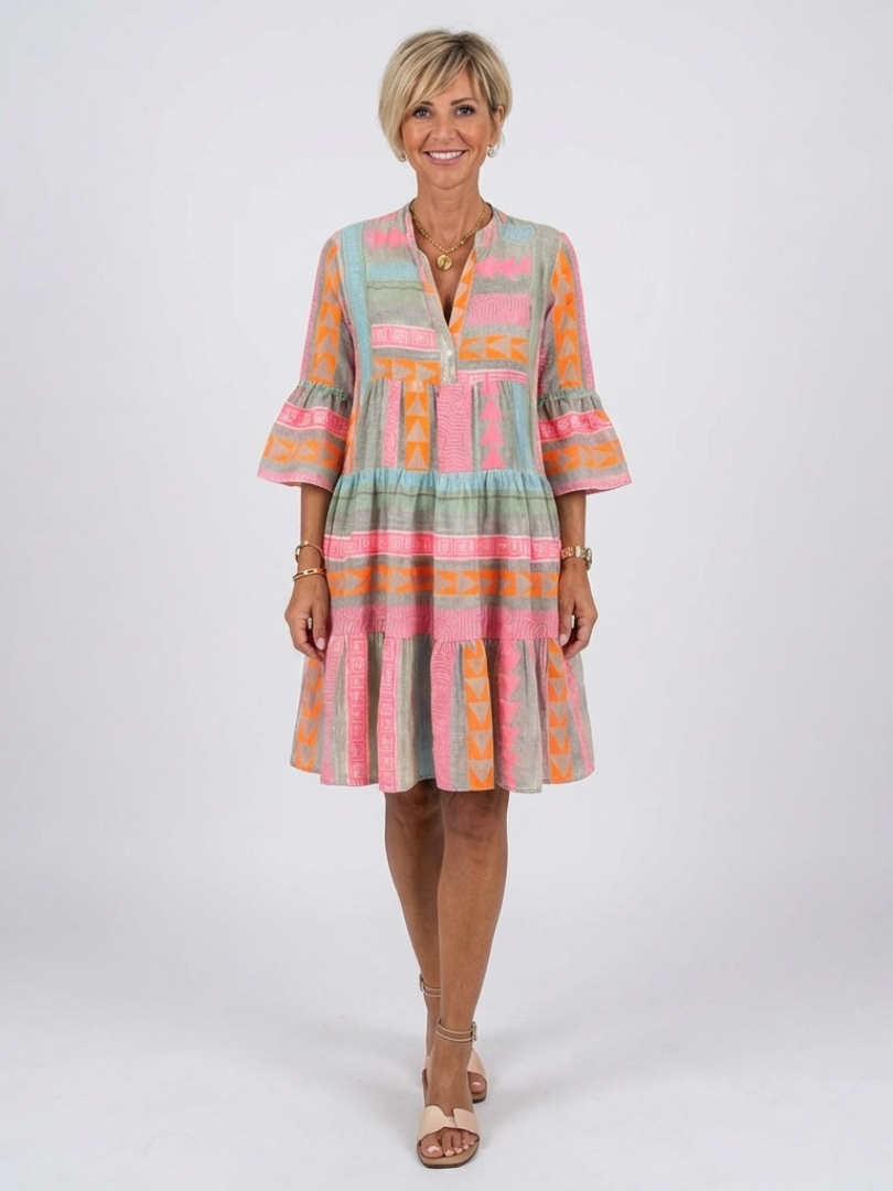 Maelle | Vestido de Capas con Print Geométrico y Escote en V hasta la Rodilla