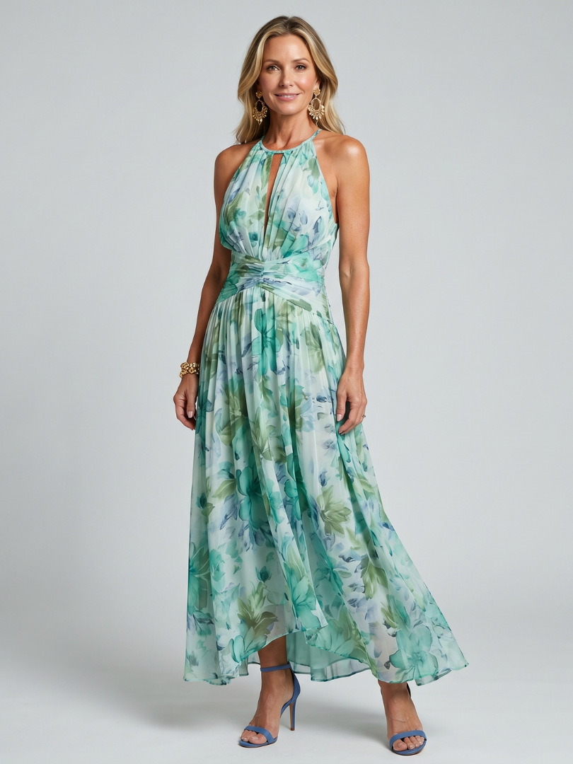 Portia | Vestido Midi con Escote Halter y Suave Patrón Floral